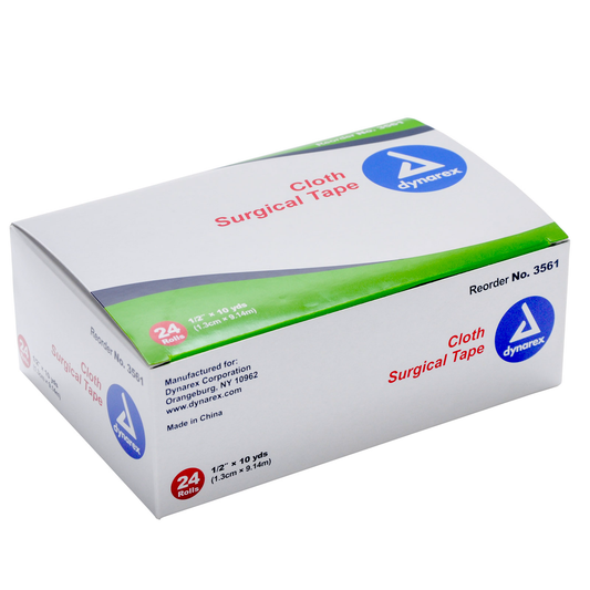 Dynarex cloth surgical tape 0.5" x 10 yards, 24 rolls, used for securing wigs and medical applications, from Pasteur Pharmacy.