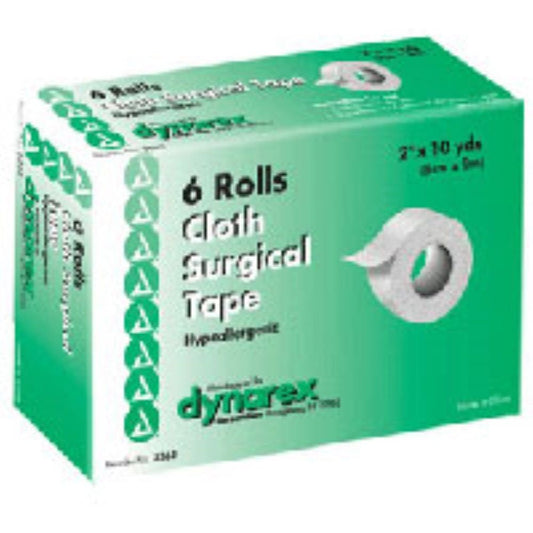 Six rolls of Dynarex cloth surgical tape, 2-inch by 10-yard, for medical or wig application, shown in a display image.