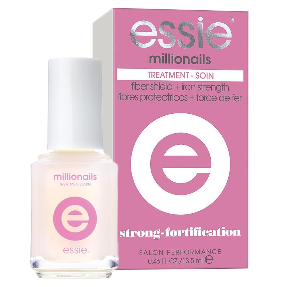 Essie Millionails Treatment 13.5ml bottle for nail strengthening, displayed with a clear window treatment background.