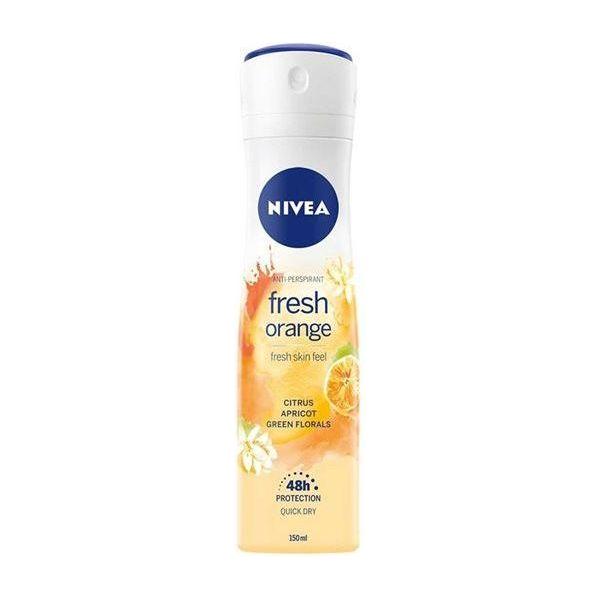 Nivea Fresh Orange women's deodorant in 150ml spray bottle, featuring bright orange scent and feminine packaging.