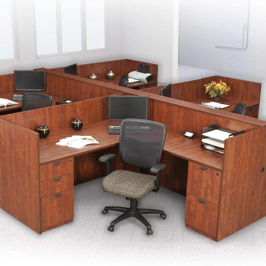 L-shaped wooden office workstation with mahogany panels, modular design, includes space for one person and file cabinets.