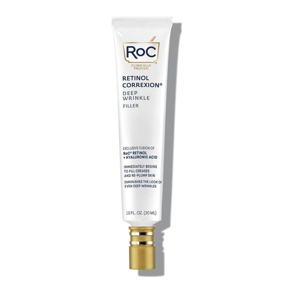 RoC Retinol Correxion Deep Wrinkle Filler in 1 fl oz tube, featuring a sleek white packaging with a pump applicator.
