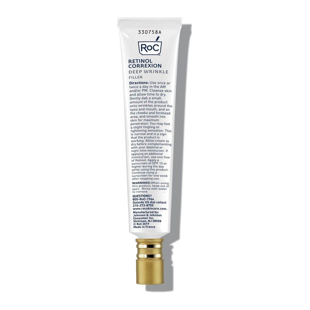 RoC Retinol Correxion Deep Wrinkle Filler in a 1 fl oz container, showing the product packaging and applicator tip.