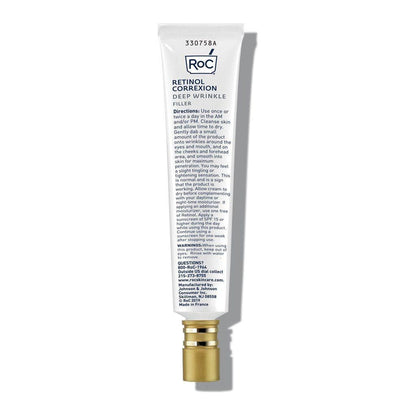 RoC Retinol Correxion Deep Wrinkle Filler in a 1 fl oz container, showing the product packaging and applicator tip.