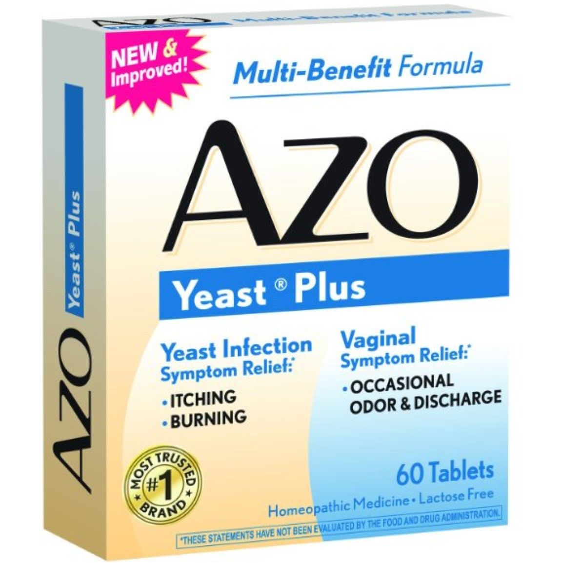 Pasteur Pharmacy Azo Multi Symptom Formula Yeast Plus Dual Relief Tablets, showing the yellow and white packaging box.