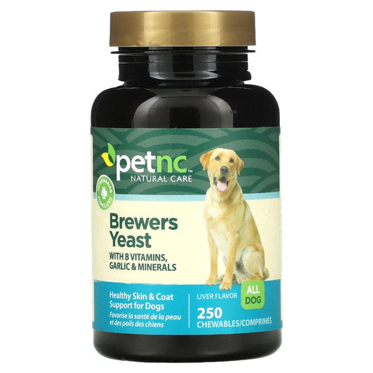 Petnc NATURAL CARE Pet Brewers Yeast Chewables for all dogs, showing chewable tablets with packaging in the image.
