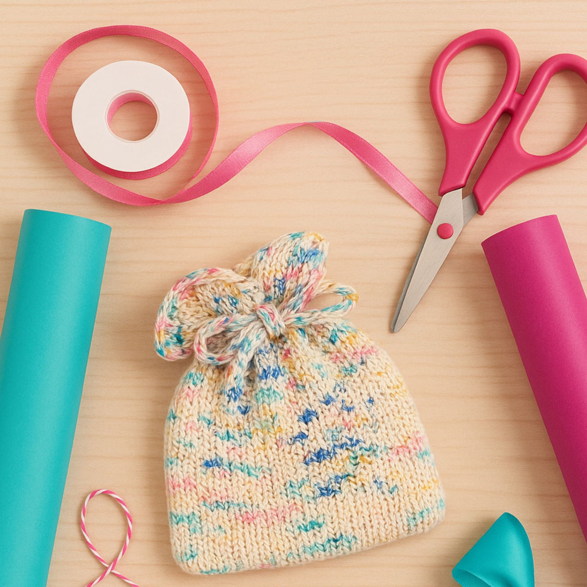 Darn Good Yarn Party Time Pouch knitting pattern for an easy beginner bag using sport weight silk yarn, with colorful knitted pouch design.