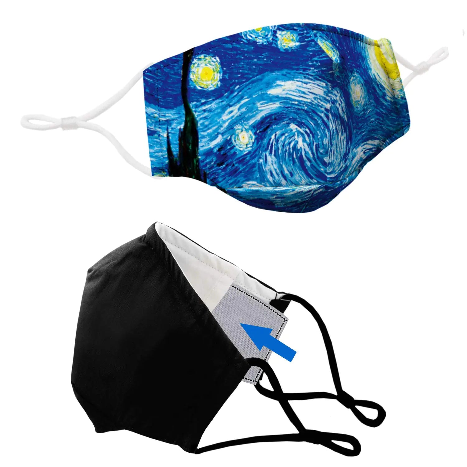 2PK Three Layer Cotton Cloth Mask with Filter Pocket Nose Wire & Adjustable Ear Loops. Reusable Washable Breathable. 1 Black Mask + 1 Art Print Mask