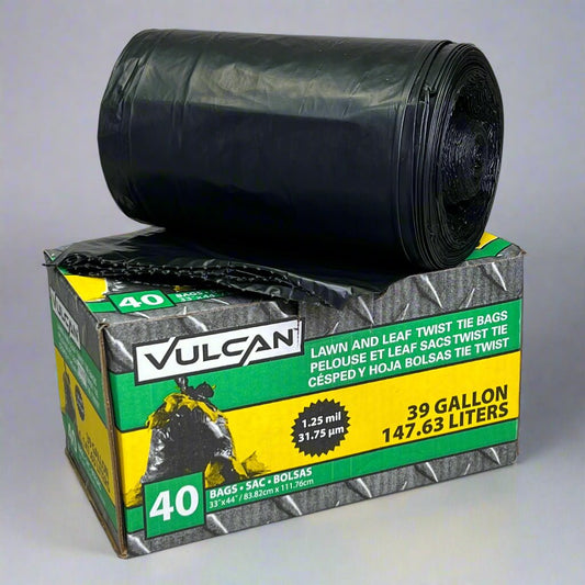 Black VULCAN 39-gallon lawn and leaf trash bags by PayWut with twist ties, designed for yard waste and outdoor cleanup.