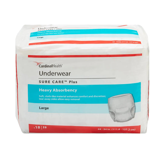 Sure Care Plus Heavy Absorbent Incontinence Underwear, large pack of 18, in white with elastic waistband and disposable design.