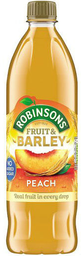 Robinsons Peach Barley Water 1L bottle, clear liquid with peach flavor, in a transparent plastic container.