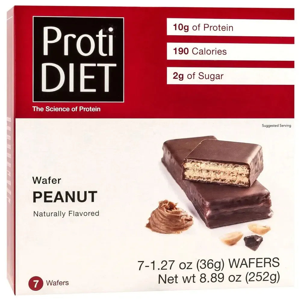AmBari Nutrition PROTIDIET wafer bar with peanut flavor, showing a crunchy wafer covered in chocolate on a white background.