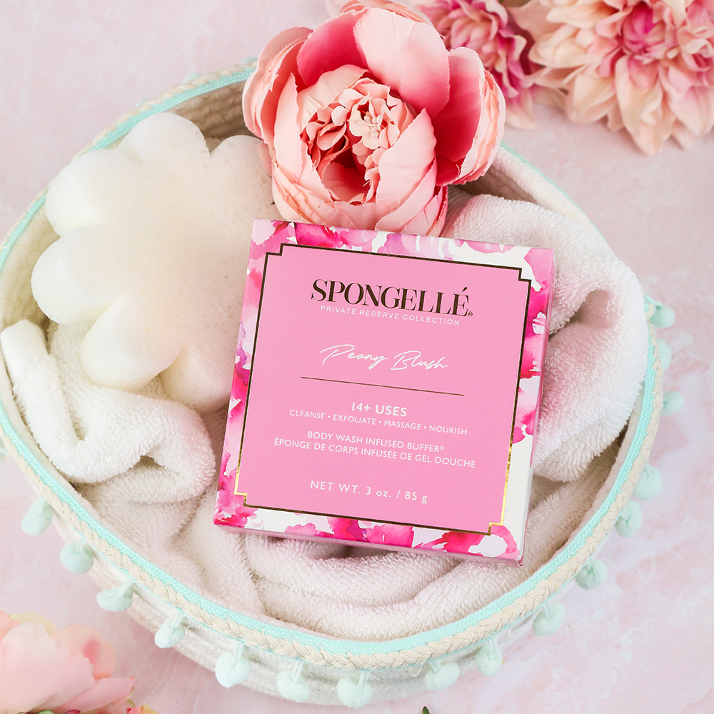 Spongellé Peony Blush body wash infused buffer with floral pink peony design and soft, exfoliating texture.