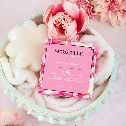 Spongellé Peony Blush body wash infused buffer with floral pink peony design and soft, exfoliating texture.
