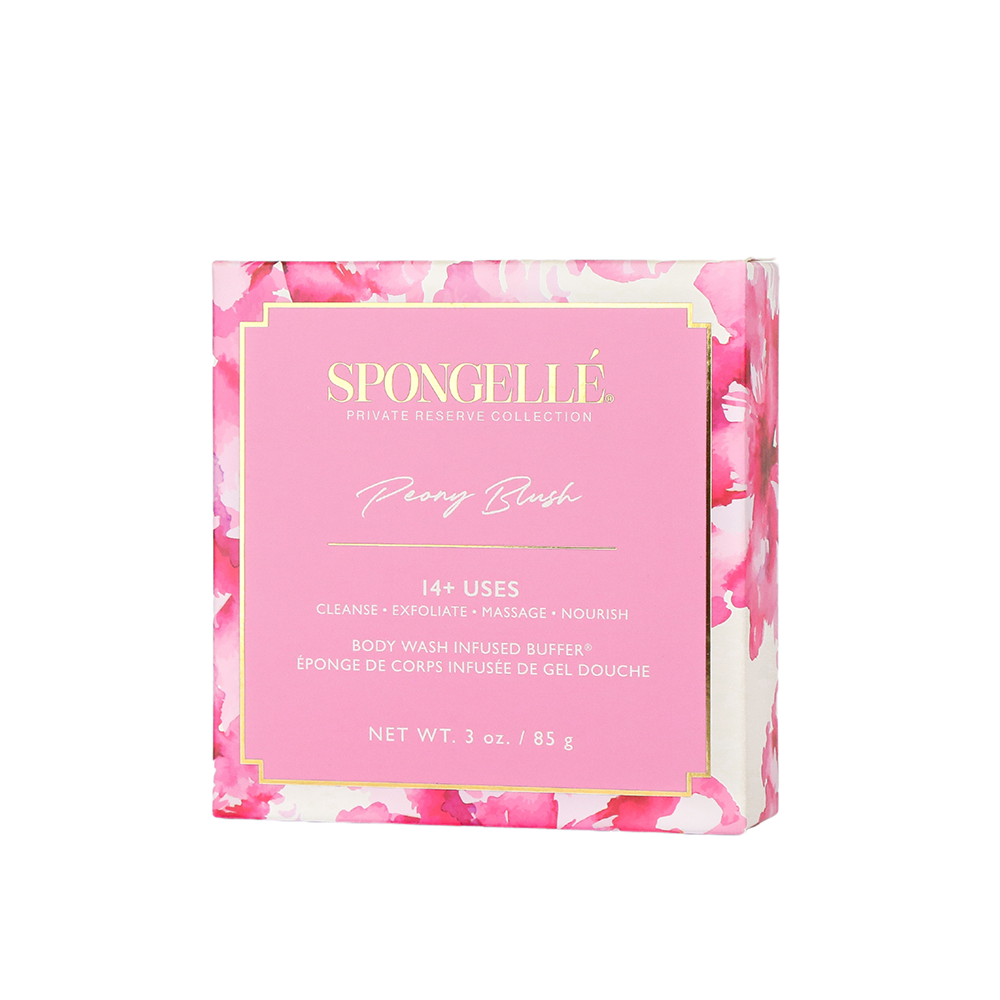 Spongellé Peony Blush Body Wash Infused Buffer with floral pink and white design, textured surface for skincare and exfoliation.