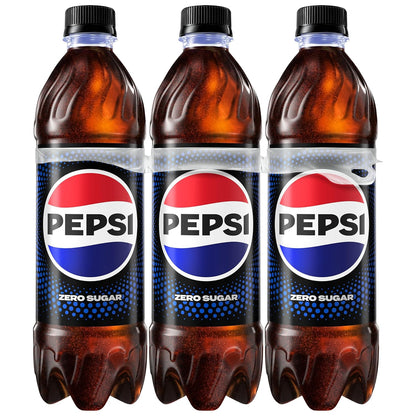 Pepsi Zero Sugar soda bottle, 20 Fl Oz, with clear label and cap, displayed alongside other bottles in a pack.