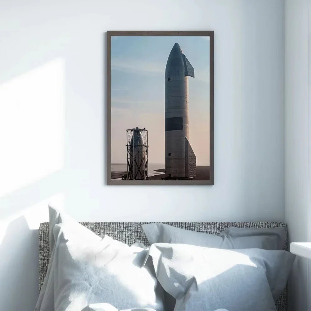 Real photo of SpaceX Starship printed on canvas poster, aviation technology wall art featuring rocket design and space exploration theme.