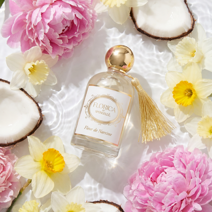 Spongellé Fleur de Narcisse Eau de Parfum body fragrance bottle with elegant floral design and clear glass container.