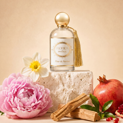 Spongellé Fleur de Narcisse Eau de Parfum body fragrance bottle with elegant floral design and clear glass container.