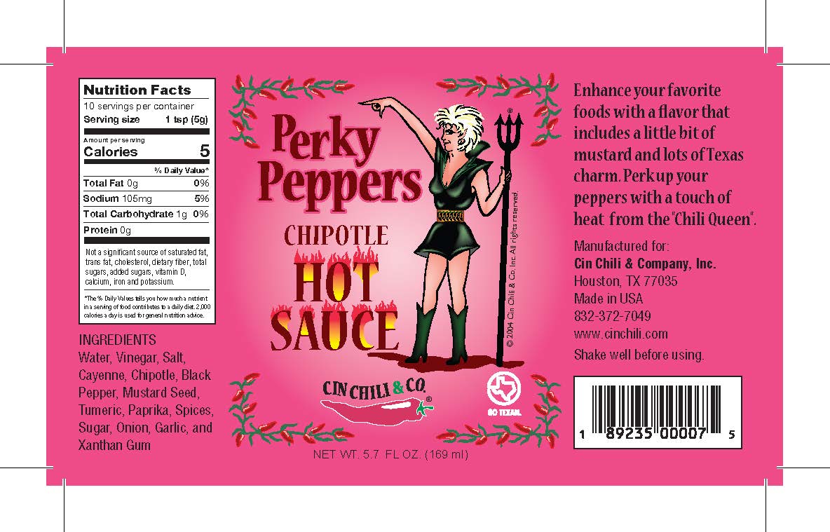 Cinderosa Ranch Perky Peppers Chipotle Hot Sauce bottle with label, showcasing vibrant chili pepper graphics and branding.