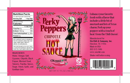 Cinderosa Ranch Perky Peppers Chipotle Hot Sauce bottle with label, showcasing vibrant chili pepper graphics and branding.