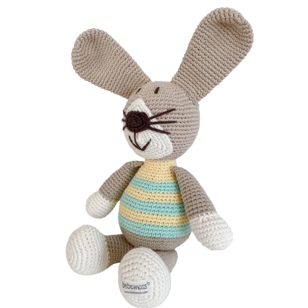 Green handmade organic cotton stuffed rabbit named Pip, soft plush toy by Bebemoss.com, perfect for cuddling and gentle play.