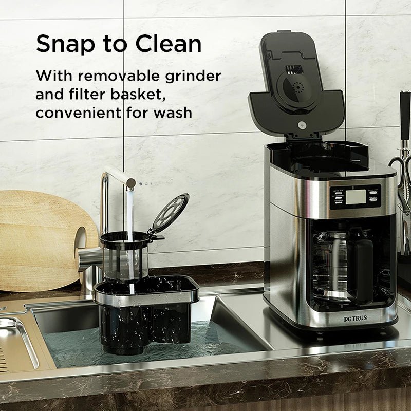 Petrus Automactic Coffee Machine Drip Coffee Maker Stainless Steel 10 - cup With Built - In Grinder and Brew Strength Control - BACKUPMYFILESNOW