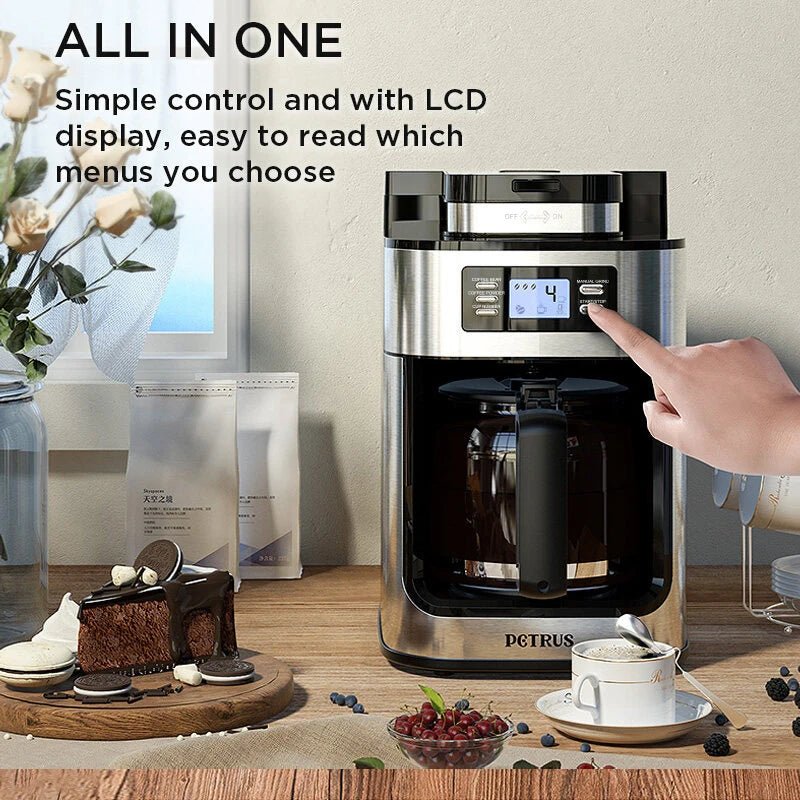 Petrus Automactic Coffee Machine Drip Coffee Maker Stainless Steel 10 - cup With Built - In Grinder and Brew Strength Control - BACKUPMYFILESNOW