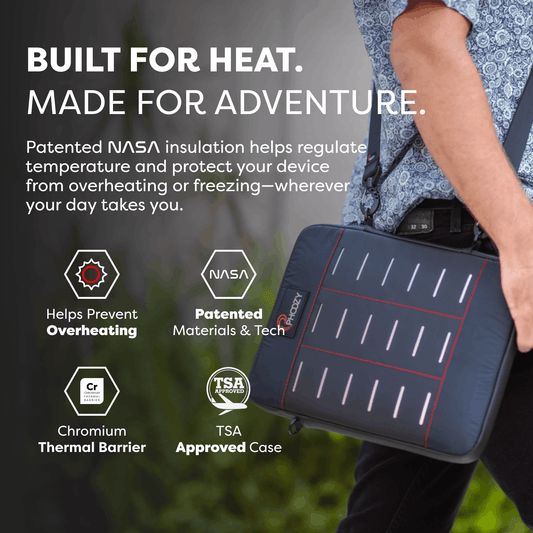 Black PHOOZY Starlink Mini Capsule for tablets and laptops, provides heat and cold protection, shown on an 11-inch device.