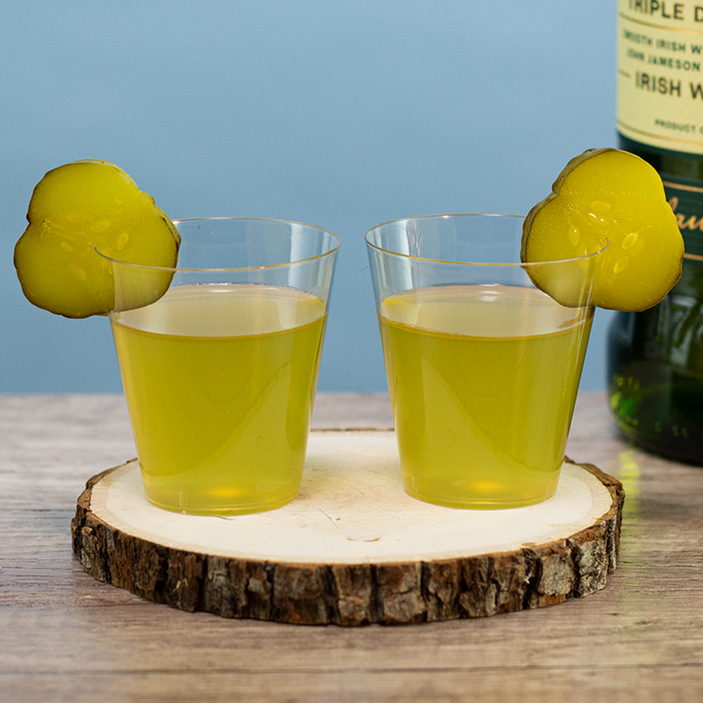 Cinderosa Ranch Passion Pickles® Ghost Pepper Homestyle Chips in a pickleback jello shooter with bright, spicy pickle slices.