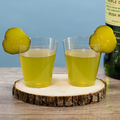Cinderosa Ranch Passion Pickles® Ghost Pepper Homestyle Chips in a pickleback jello shooter with bright, spicy pickle slices.