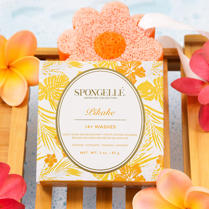 Spongellé Pikake Hawaiian Buffer with blooming Pikake flower design, used as a luxurious body wash infused exfoliating buffer.