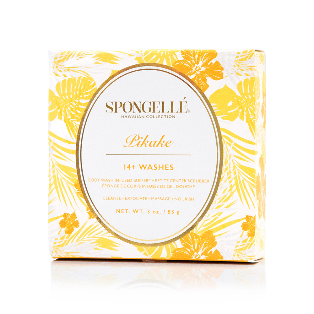 Hawaiian Pikake Body Wash Infused Buffer by Spongellé with floral design and packaging, ideal for gentle exfoliation and moisturizing.