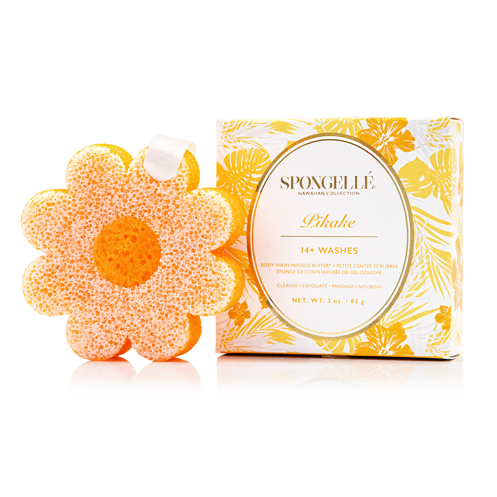 Spongellé Pikake Hawaiian Buffer with body wash infused design, featuring a floral pattern in a rectangular packaging.