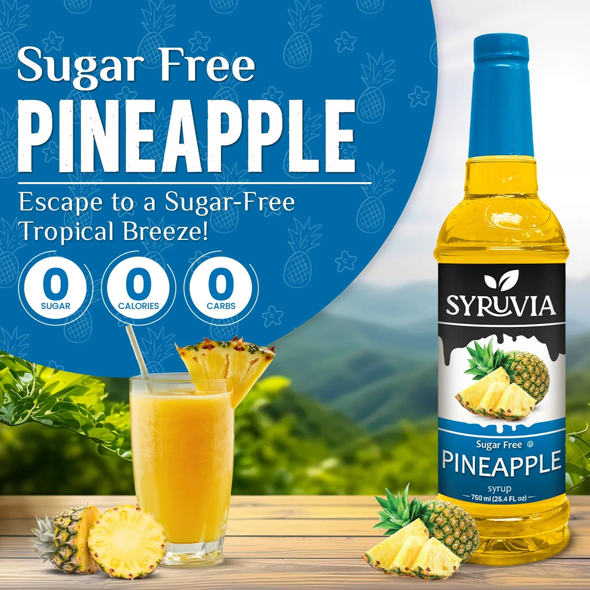 Bottle of Syruvia sugar-free pineapple syrup with pineapple slices and syrup pouring over a glass, showcasing the product and flavor.