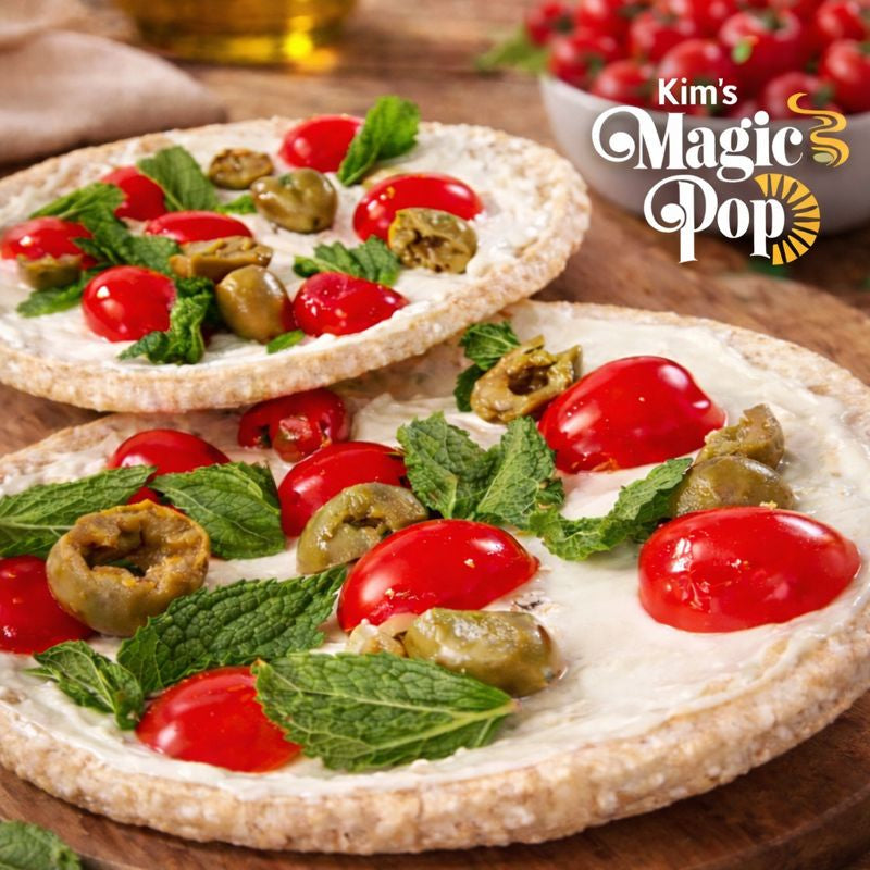 Kim's Magic Pop Lentil Pop pizza-flavored snack, crispy and savory, shown in a close-up image.