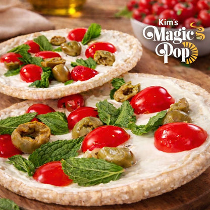 Kim's Magic Pop Lentil Pop pizza-flavored snack, crispy and savory, shown in a close-up image.