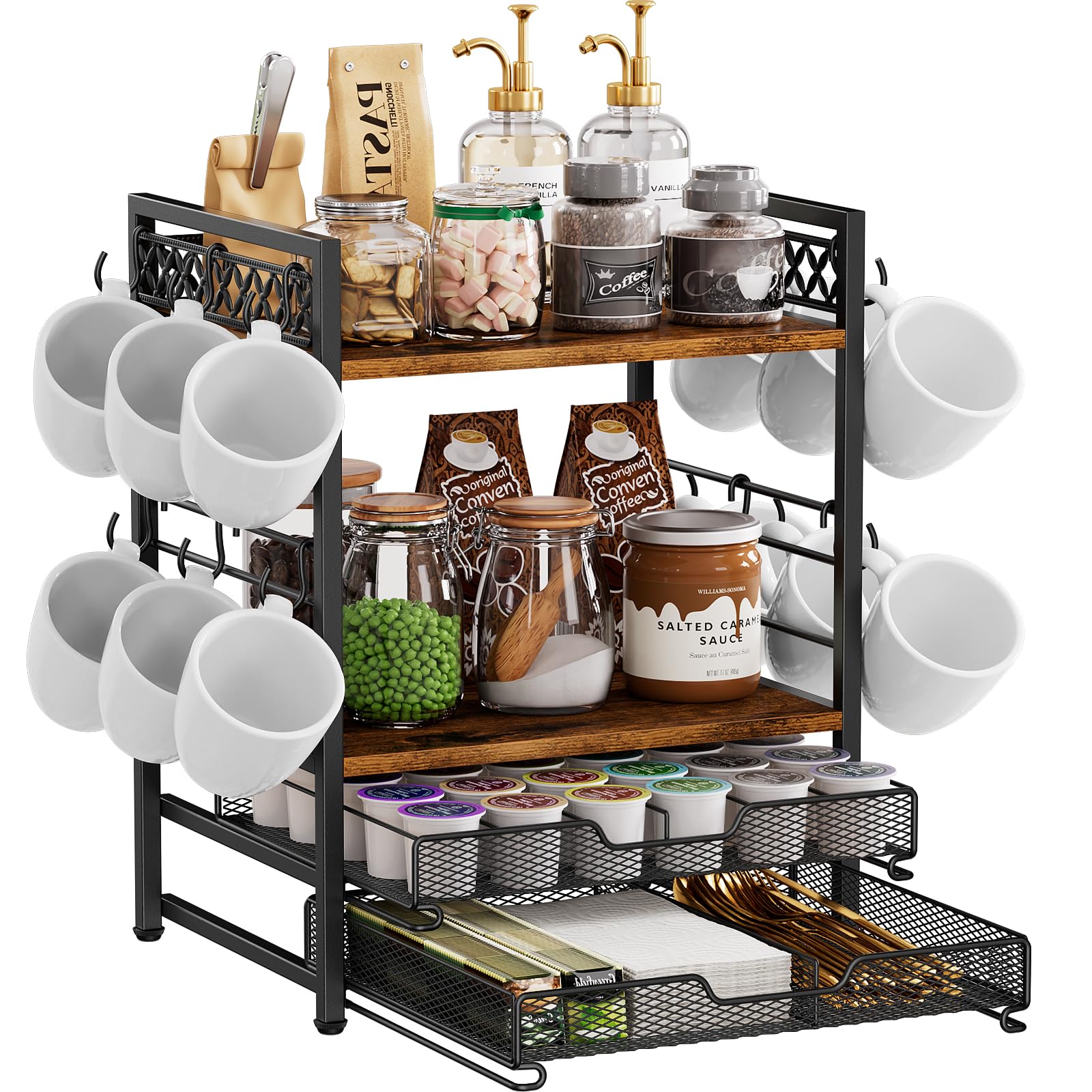 Plaviya Coffee Bar Organizer Countertop Station Shelf 4 Tier Mug Cup Holder Stand with 12 Hooks 30 K Cup Coffee Pod Drawer Multifunctional Coffee Shelf Organizer for Accessories Station Kitchen - BACKUPMYFILESNOW