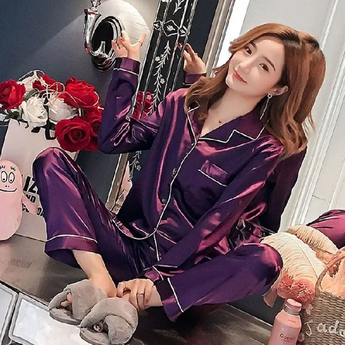 Plus Size Autumn and Winter Silk Pajamas Women Tops and Pants Solid Casual Soft Nightwear Buttons Cardigan Sleepwear Homewear - BACKUPMYFILESNOW
