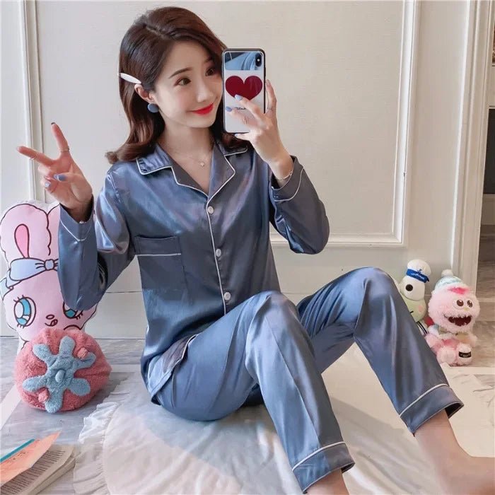 Plus Size Autumn and Winter Silk Pajamas Women Tops and Pants Solid Casual Soft Nightwear Buttons Cardigan Sleepwear Homewear - BACKUPMYFILESNOW