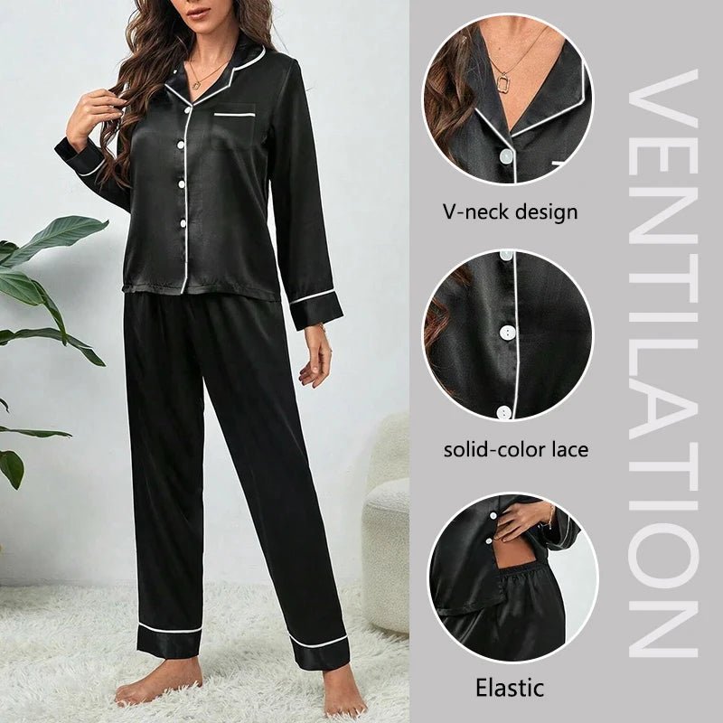 Plus Size Autumn and Winter Silk Pajamas Women Tops and Pants Solid Casual Soft Nightwear Buttons Cardigan Sleepwear Homewear - BACKUPMYFILESNOW