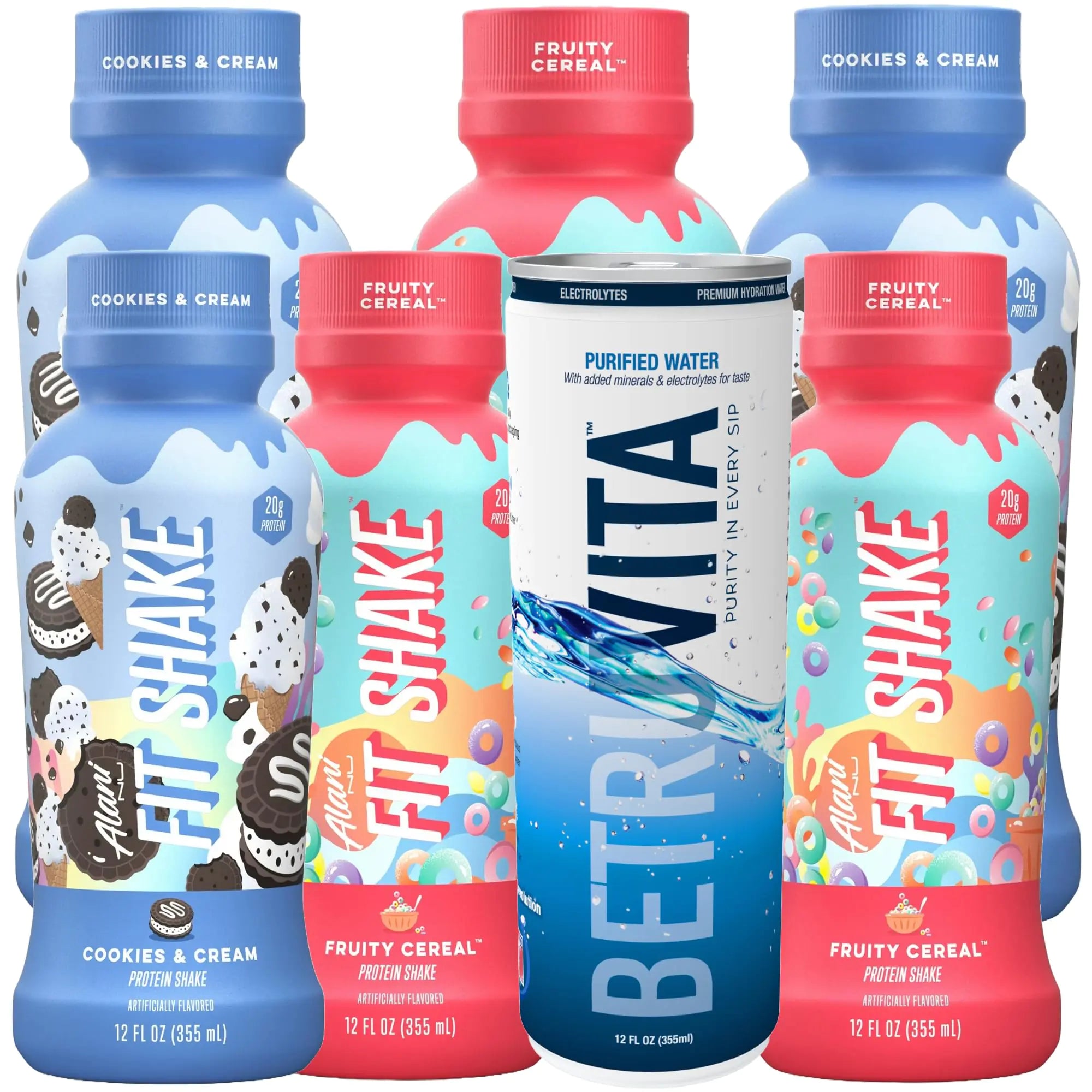 Alani Protein Shake Fruity Cereal & Cookies and Cream 12oz Pack of 6 | Packaged with One Can of Water to Help you stay Hydrated - Limited Edition