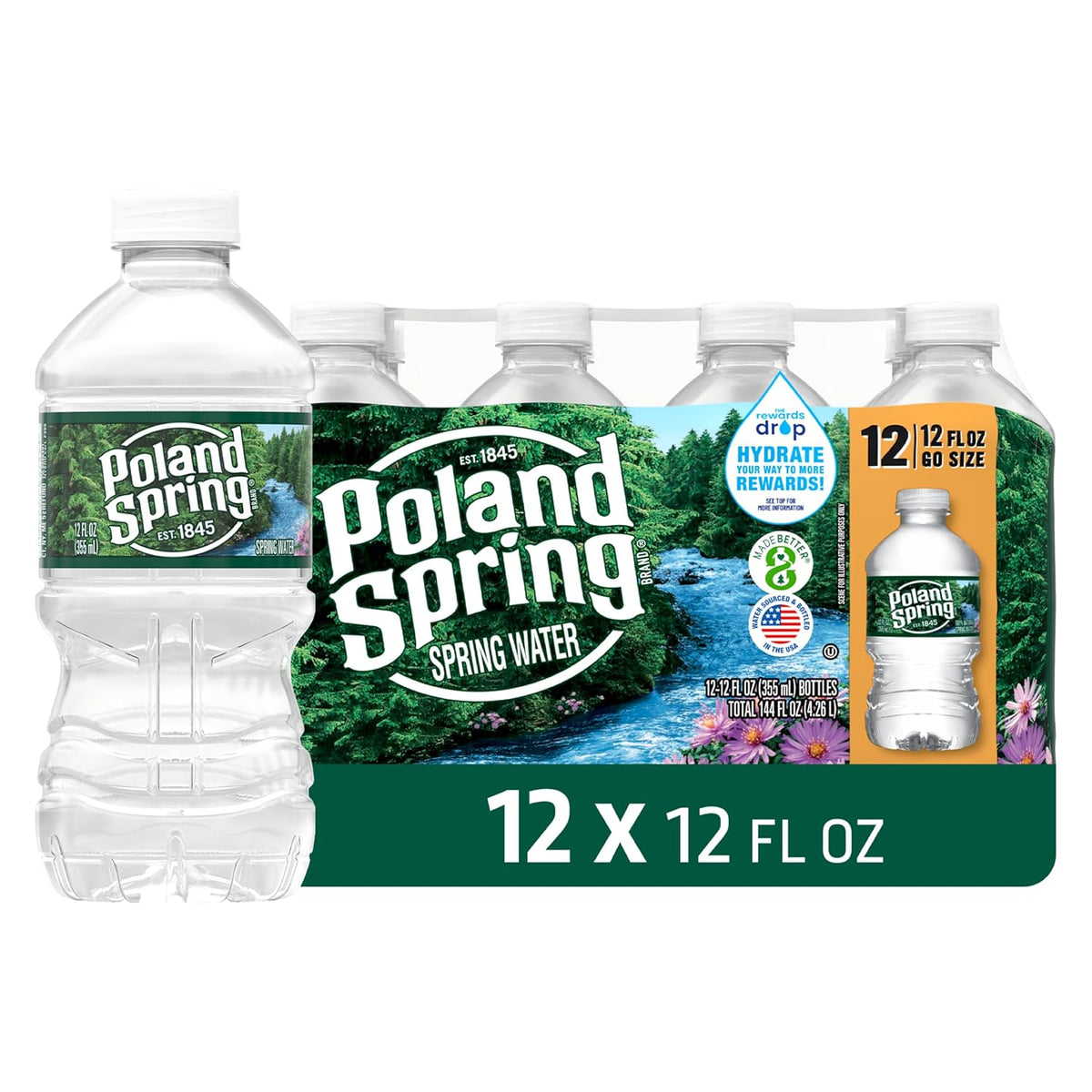 12-pack of Poland Spring Maine Spring Water bottles, 8 fl oz, crisp still bottled water with natural minerals and electrolytes.