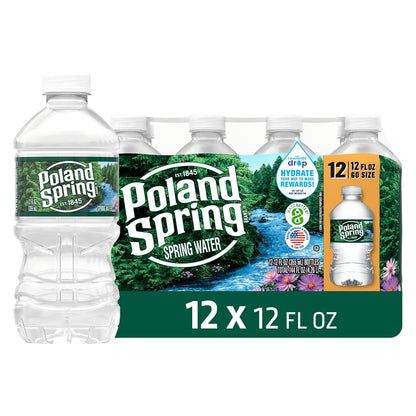 12-pack of Poland Spring Maine Spring Water bottles, 8 fl oz, crisp still bottled water with natural minerals and electrolytes.