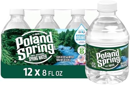 12-pack of Poland Spring Maine Spring Water bottles, 8 oz, crisp still bottled water with natural minerals and electrolytes.
