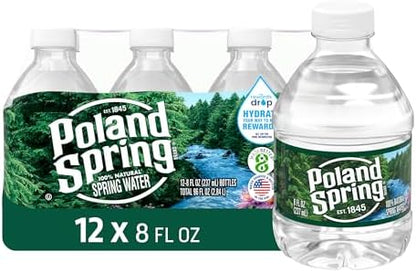 12-pack of Poland Spring Maine Spring Water bottles, 8 oz, crisp still bottled water with natural minerals and electrolytes.