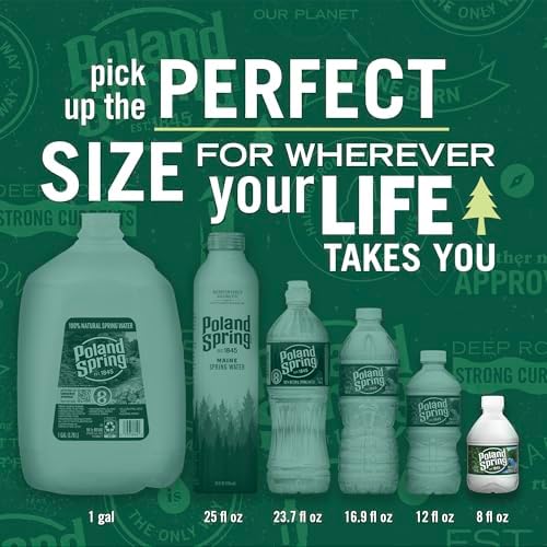 Poland Spring Maine Spring Water bottles, 12 pack, 8 fl oz each, showing clear still bottled water with natural minerals and electrolytes.