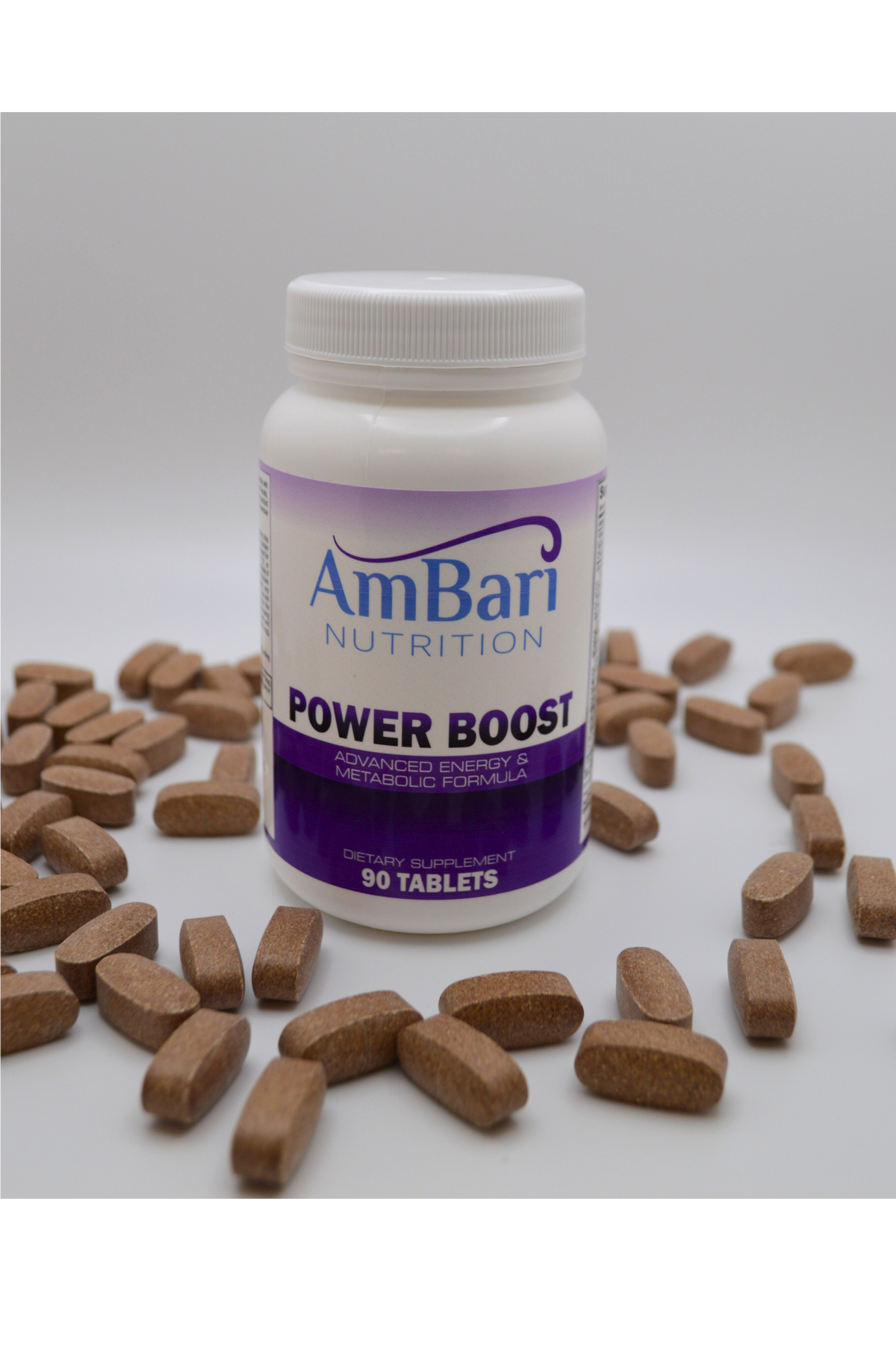 AmBari Nutrition Therma Trim energy and metabolism supplement bottle with supplement powder or capsules on a white background.