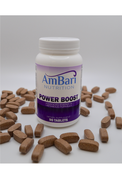 AmBari Nutrition Therma Trim energy and metabolism supplement bottle with supplement powder or capsules on a white background.