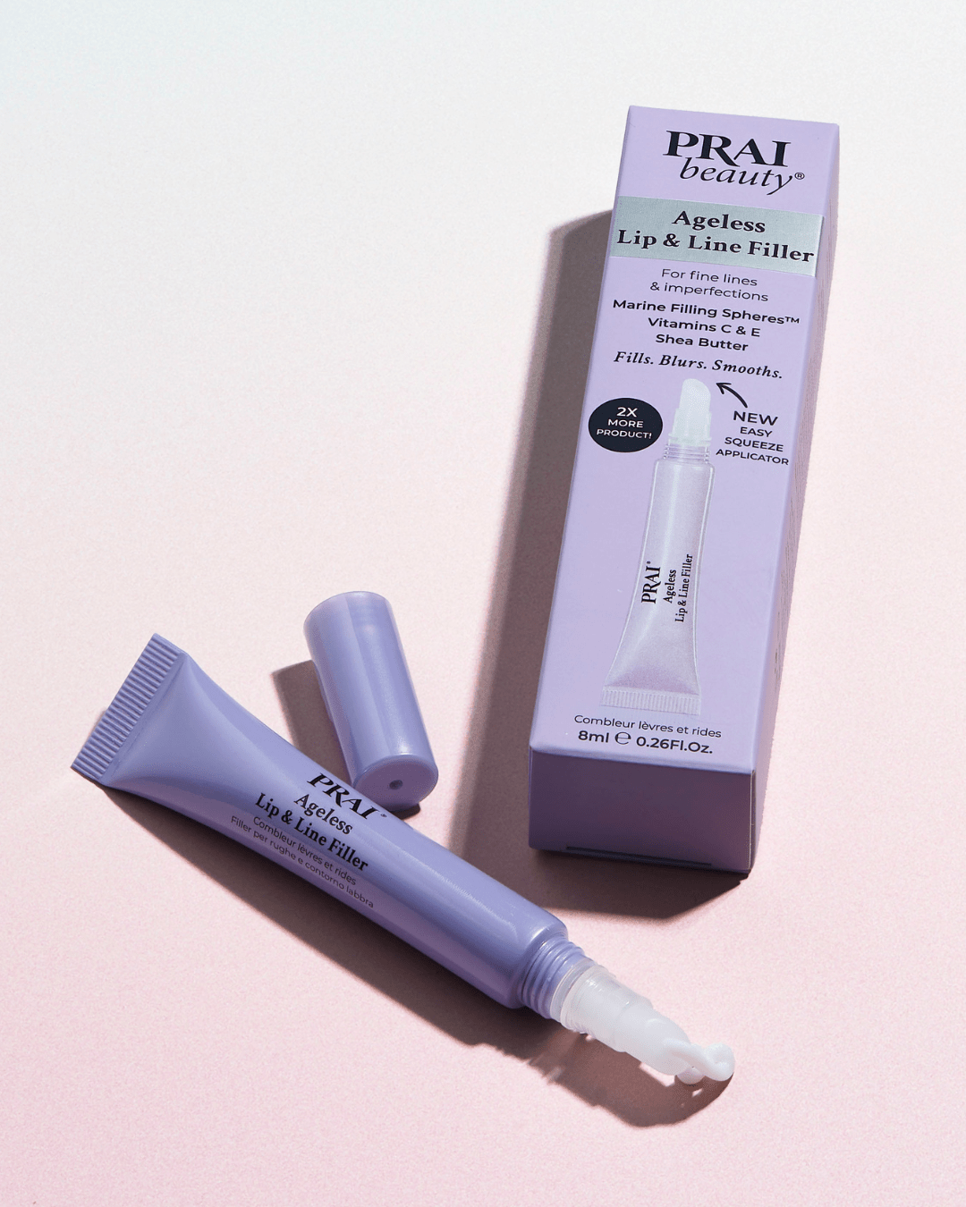 PRAI Beauty Ageless Lip & Line Filler tube showing the 8ml applicator for smoothing lip and fine lines.